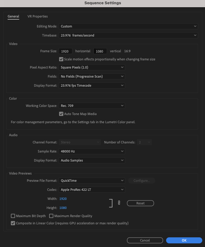 Adobe social media sequence settings